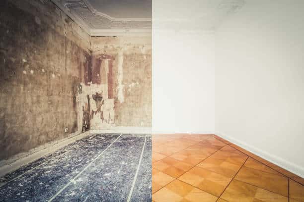 flat renovation, empty room before and after refurbishment or restoration