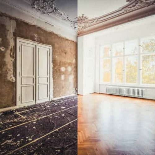 renovation concept - room in apartment before and after renovation works.  plastered and painted walls, white doors and wooden oak parquet floor
