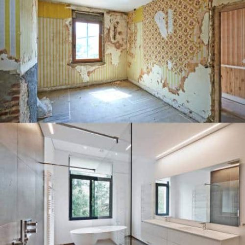 Renovation of a bathroom Before and after in vertical format