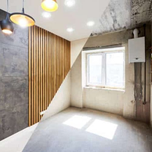 New kitchen before renovation works and after, creative combination of black wallpaper and wood planks on wall, shiny tiles on the floor and different modern chandeliers hanging from ceiling