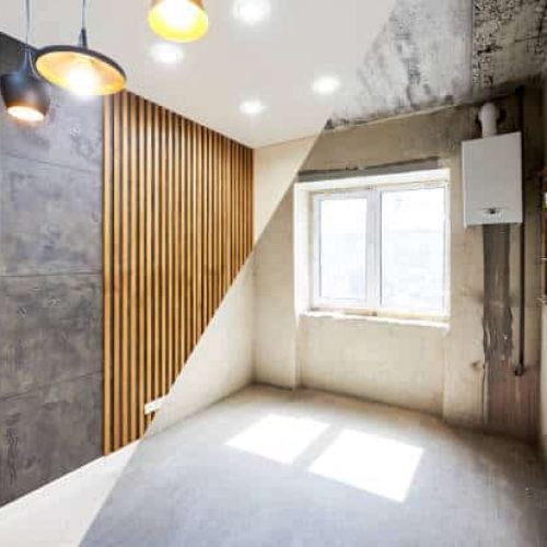 New kitchen before renovation works and after, creative combination of black wallpaper and wood planks on wall, shiny tiles on the floor and different modern chandeliers hanging from ceiling