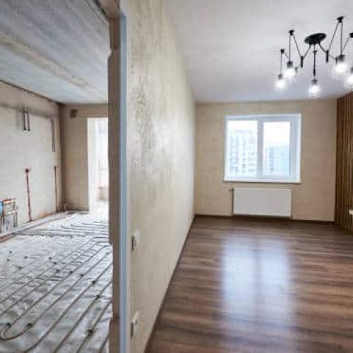 Two empty rooms with modern plastic window, heating radiators and heating inderfloor pipes before and after renovation. Comparison of old room and new renovated place with parquet, stylish chandelier